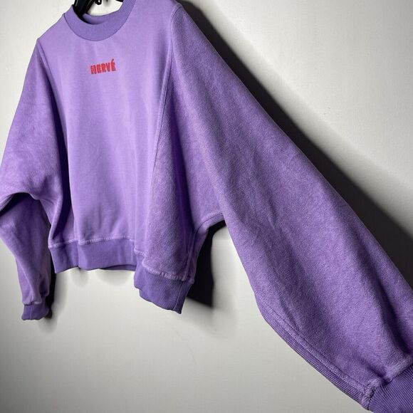 HERVE LEGER Dolman Sweatshirt Women Large Purple French Terry Cotton Crop Logo - Picture 7 of 16